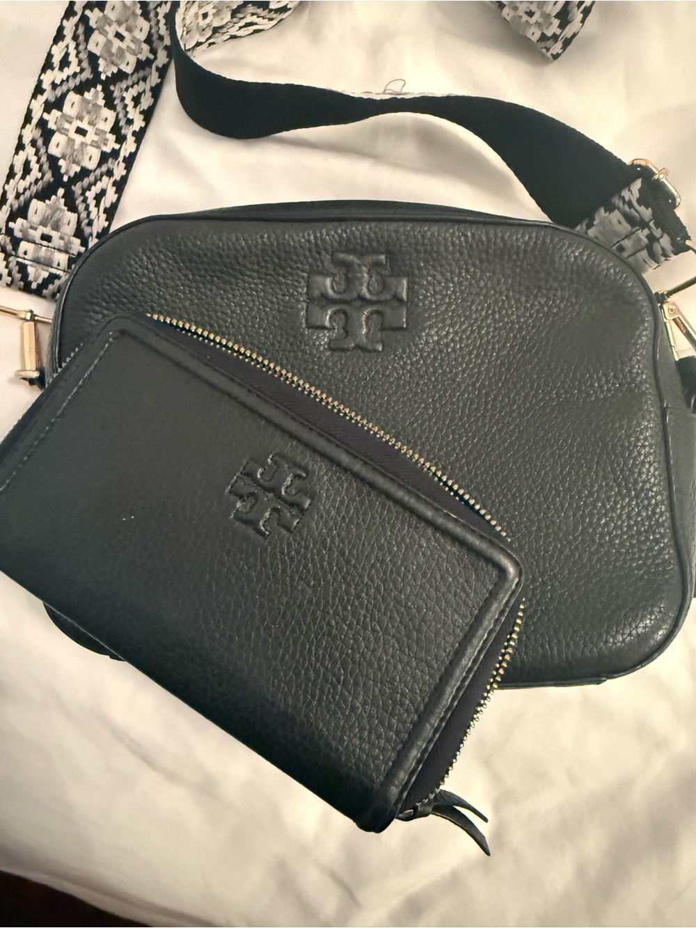 Tory Burch Black Pebbled Leather Crossbody and Zip Wallet Set